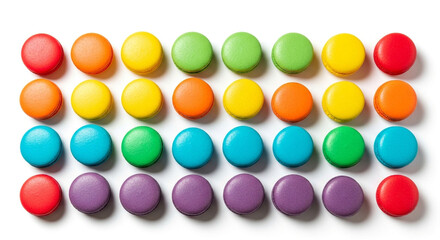 Rows of colorful macarons arranged in a rainbow pattern isolated on white background, creating a visually appealing and delicious confectionery display