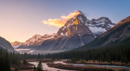 Majestic Mountain Peak Veiled in Cloud at Sunrise, River Winding Through Forest