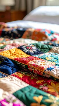 Close-up of vibrant patchwork quilt with floral patterns on a bed, creating a cozy and warm atmosphere.