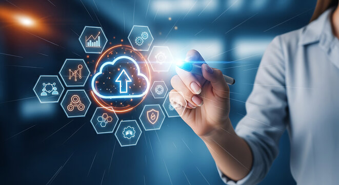 Businesswoman Touching Cloud Icon On Futuristic Dashboard - Powered by Adobe