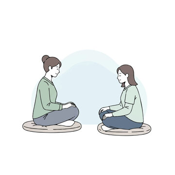 A minimalist illustration of two women meditating face to face on round cushions, practicing mindfulness and relaxation together.