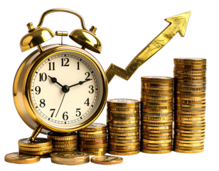 Vintage alarm clock atop stacks of gold coins with a rising gold arrow graph