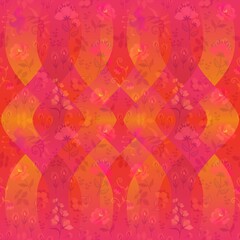 Complex botanical ornament in red-orange color scheme. Beautiful floral embroidery. Seamless pattern with embroidered flowers.