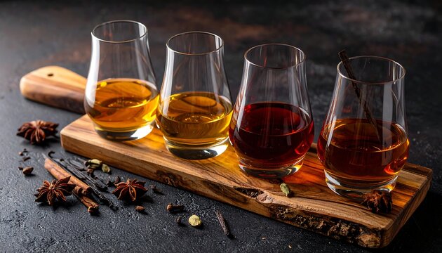 Four small glasses of different colored spirits, likely whisky or rum, sit on a wooden board.  Spices like star anise, cinnamon, and vanilla beans are scattered around the board