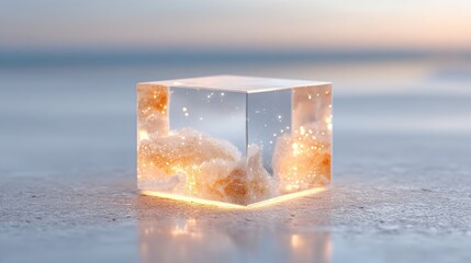Glowing Ice Cube with Internal Reflection on Frosted Surface with Cinematic Lighting and Soft Background
