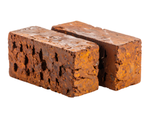 Two rustic, reddish-brown bricks, textured with holes and cracks, lie side-by-side