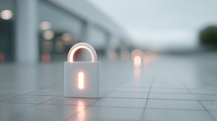 Glowing Orange Padlock On Gray Tiled Surface With Blurred Urban Background