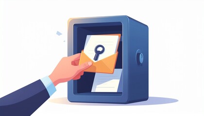 A user deposits a file into a digital safe with a key icon appearing, symbolizing the secure storage of important information