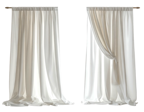 Two ivory curtains, one drawn back, the other closed, showing fabric drape and rod