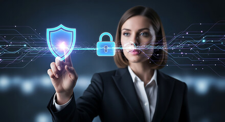 Cybersecurity Businesswoman Using Futuristic Digital Interface