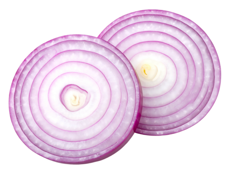 Two sliced red onions, circular cross-sections