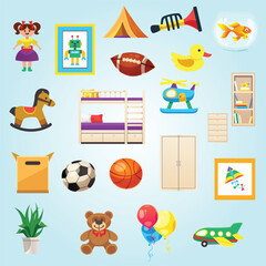 Flat Style Playful Children Room Interior Object Collection Element Set