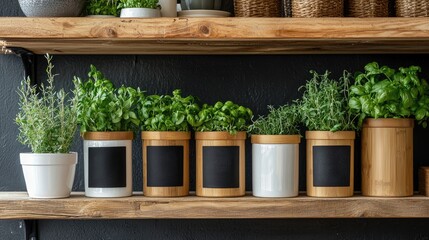 Set of ceramic and bamboo kitchen canisters with chalkboard labels arranged neatly on wooden shelf with potted herbs, cozy modern farmhouse vibe 