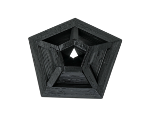 Intricate, dark gray, pentagonal,  3D geometric shape,  inner tunnel