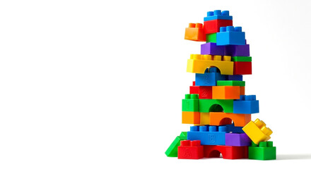 Obraz premium Colorful tower made of plastic building blocks isolated on white background, a creative construction of various shapes and vibrant colors, perfect for kids