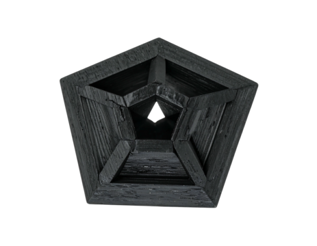 Intricate, dark gray, pentagonal,  3D geometric shape,  inner tunnel
