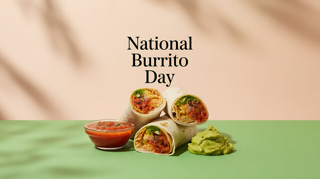National Burrito Day celebration with burritos, salsa, and guacamole on a green surface