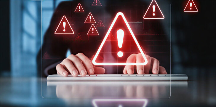 Cybersecurity Alert Interface with Red Warning Triangles in Holographic Display