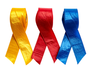 Three awareness ribbons, yellow, red, and blue, on black background