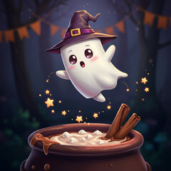 Naklejka premium A cute ghost in a witch hat floats above a cauldron of hot chocolate, marshmallows, and cinnamon, celebrating the whimsical spirit of Halloween.