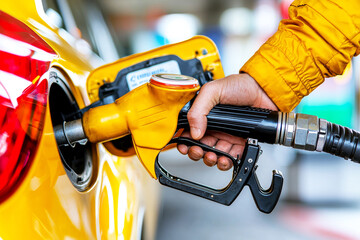 Fueling Up: A close-up shot captures the moment a fuel nozzle is inserted into a car's tank, representing the act of refueling a vehicle at a gas station.