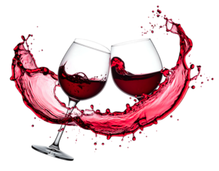 Two wine glasses clinking, red wine splash