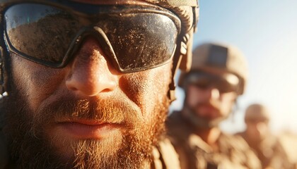 Battle-Ready: A close-up portrayal of a determined soldier, face marked by dust and grit, shielded by sturdy protective eyewear, a sun-drenched, high-stakes battlefield