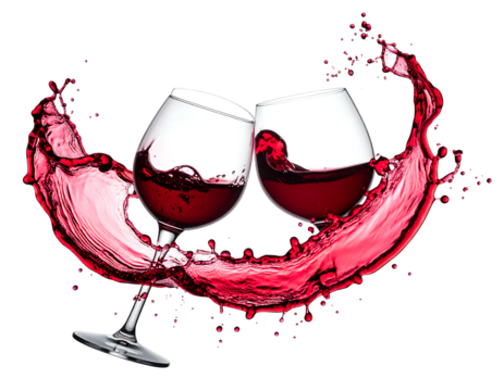 Two wine glasses clinking, red wine splash