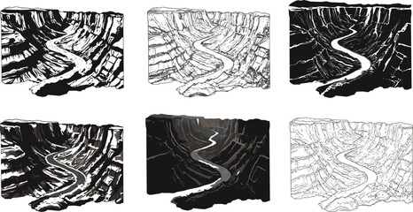 Canyon river landscape illustration, black and white line art drawing, winding river through rocky cliffs, detailed CAD sketch, vector minimal flat design