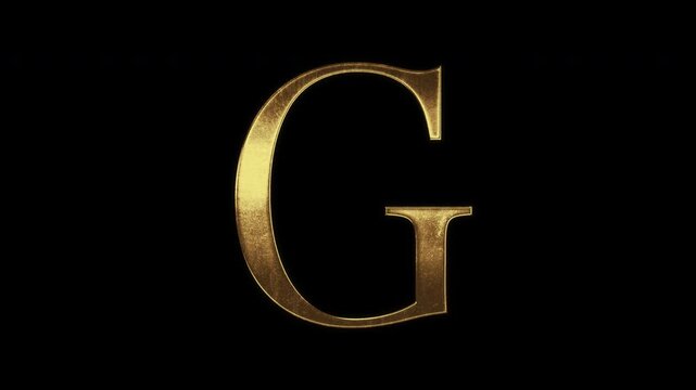 Uppercase alphabet "G" with slightly reflected outlines on a gold foil-like surface, serif, loop, alpha channel