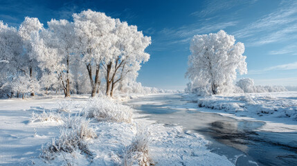 Beautiful winter landscape featuring trees covered in frost, serene river, and clear blue sky creates peaceful atmosphere