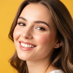 Obraz premium A radiant woman with a joyful expression and perfect skin, set against a vibrant yellow backdrop, showcasing healthy teeth and a beautiful smile.