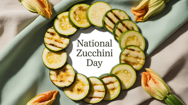 Grilled zucchini slices arranged in a circle with flowers on a cloth, celebrating National Zucchini Day