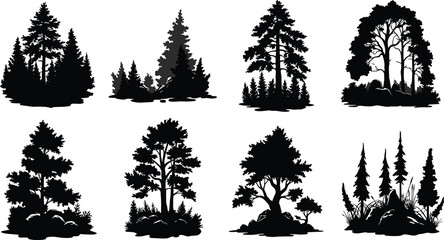 Silhouette collection of forest trees, pine trees, nature landscape elements, black and white woodland scenery, vector illustration for design, decoration, backgrounds