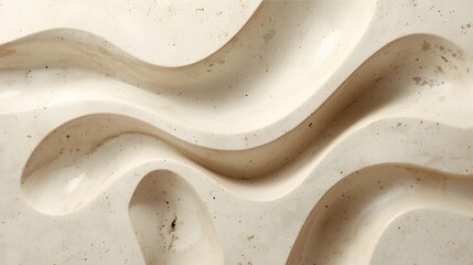 Abstract beige stone surface with smooth carved wavy lines and round holes creating modern minimal artistic texture, natural material design perfect for background, architecture and decoration