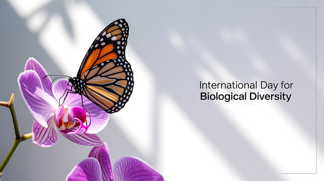 Monarch butterfly perched on a purple orchid flower, celebrating International Day for Biological Diversity