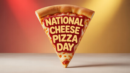 A slice of cheese pizza with 'National Cheese Pizza Day' text displayed on it against a gradient background.