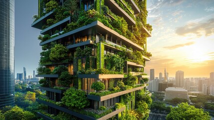 Obraz premium Green skyscraper with vertical gardens, tree-lined terraces, and clean energy concept