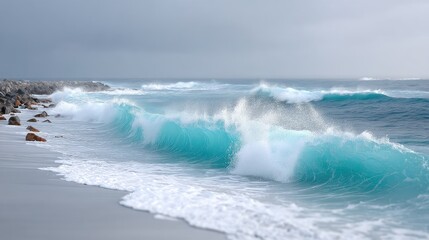 Fototapeta premium Cinematic Ocean Wave Crashing on Sandy Beach Under Stormy Sky with Rocky Breakwater, Turquoise Water and White Foaming Swirls