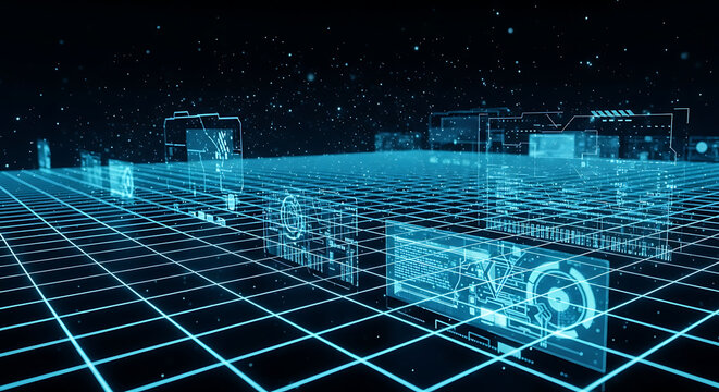 Cyber Tech Grid Background With Holographic Data Streams