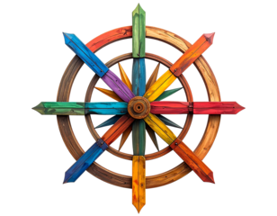 Colorful wooden ship's wheel, radiating outwards with vibrant hues