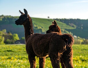 Fototapeta premium Two dark llamas in a field