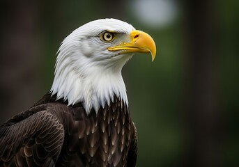 Closeup of a majestic bald eagle with its piercing gaze and sharp beak, perched in a natural setting