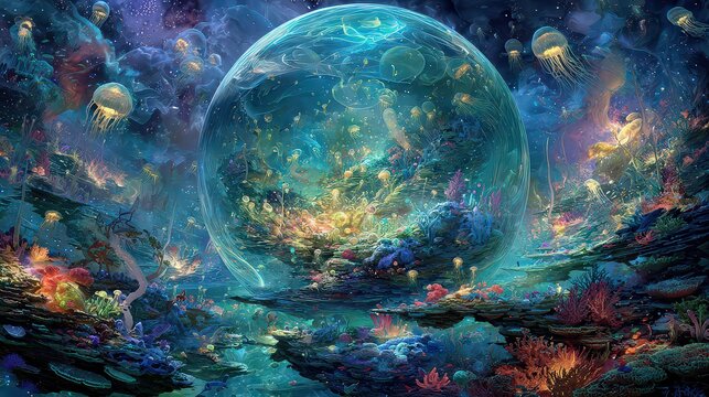 Colorful Cosmic Planet Surrounded By Floating Islands