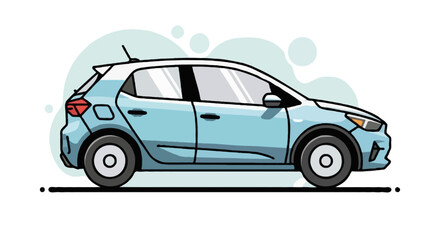 Naklejka premium Flat vector side profile of a modern hatchback car, painted in pastel blue with white roof, bold black outlines, simplified geometric details, minimal retro shading, abstract circle background