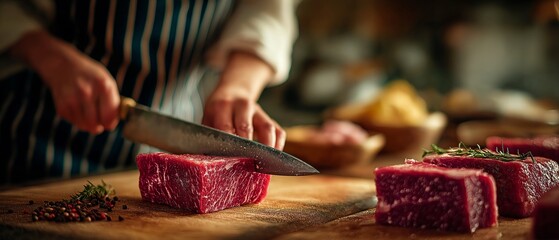 Butchering steak with a big knife as a woman