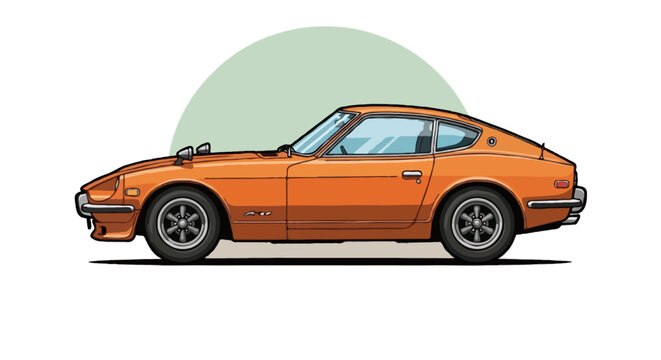 Flat vector side view of Nissan Fairlady Z 1970s classic, orange with chrome accents