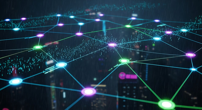 Cyberpunk Digital Network Grid With Neon Nodes - Powered by Adobe