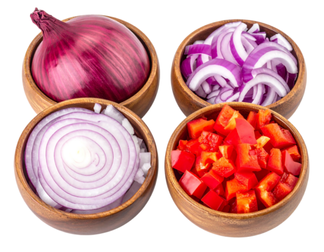 Four small wooden bowls holding sliced red onion, whole red onion, sliced purple onion, and diced red bell pepper