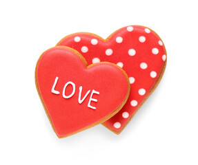 Tasty red heart shaped cookies on white background. Valentine's day celebration